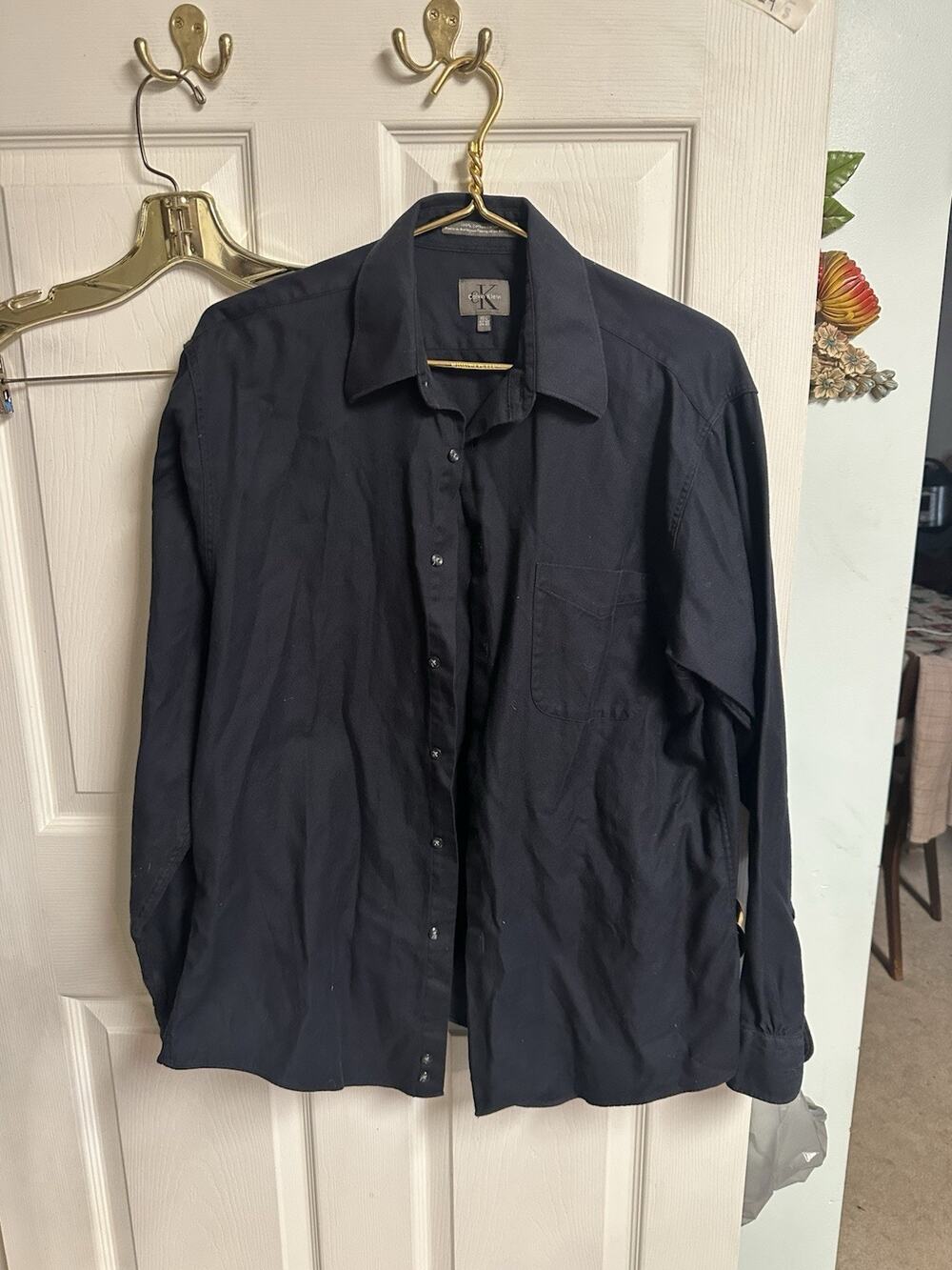 Calvin Klein Dress Shirt Sz 15.5 Black Pocket Long Sleeve Button Up 34/35 Work